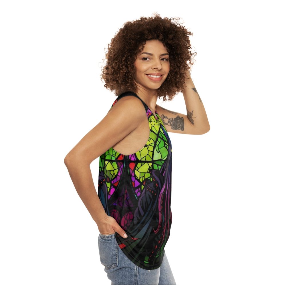 Unisex tank top featuring a fantasy horror inspired design of a Mindflayer - women side