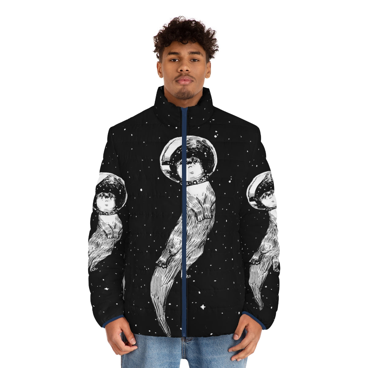 Otter-themed puffer jacket with space-inspired design - men front