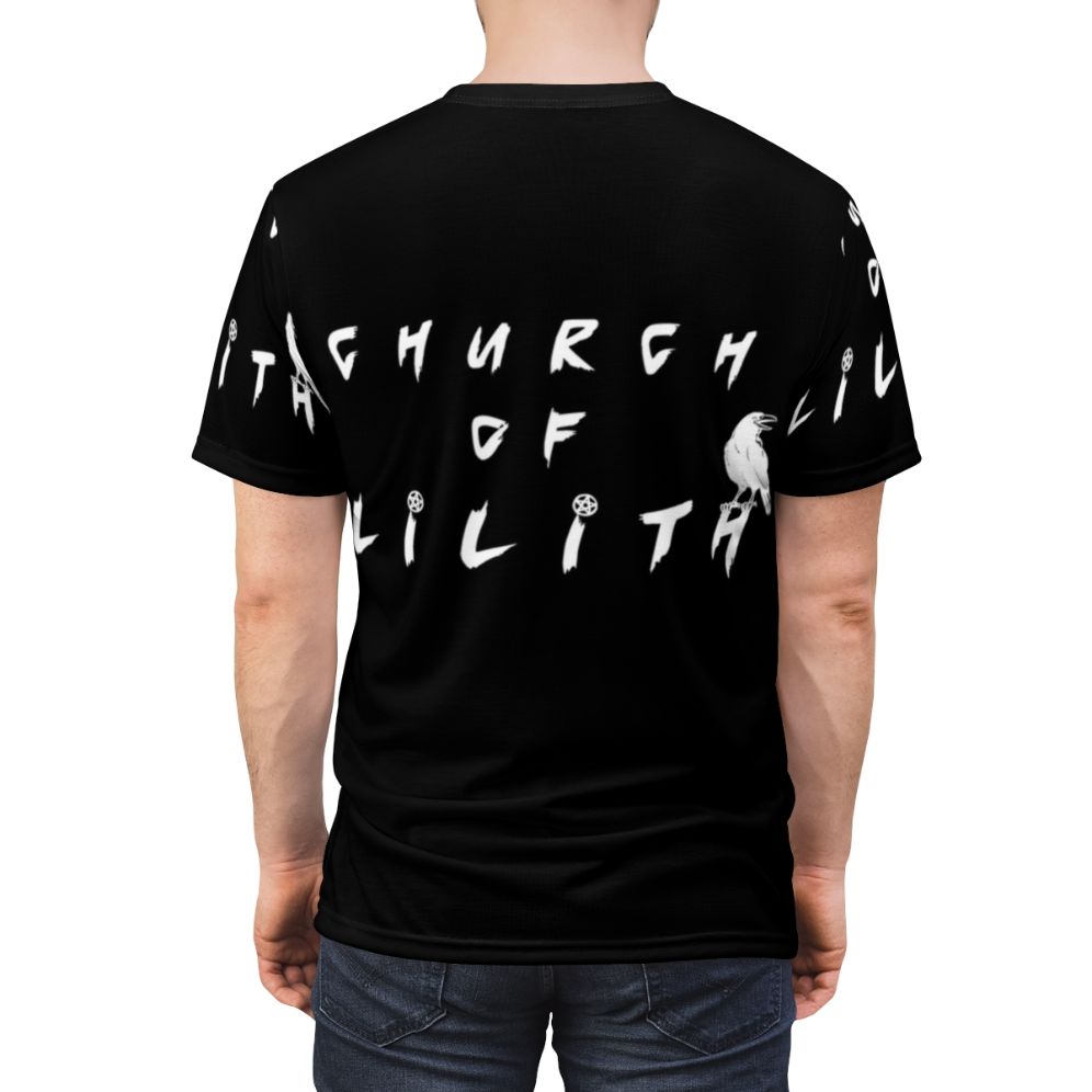 Closeup of a black t-shirt with white occult-themed typography design - men back