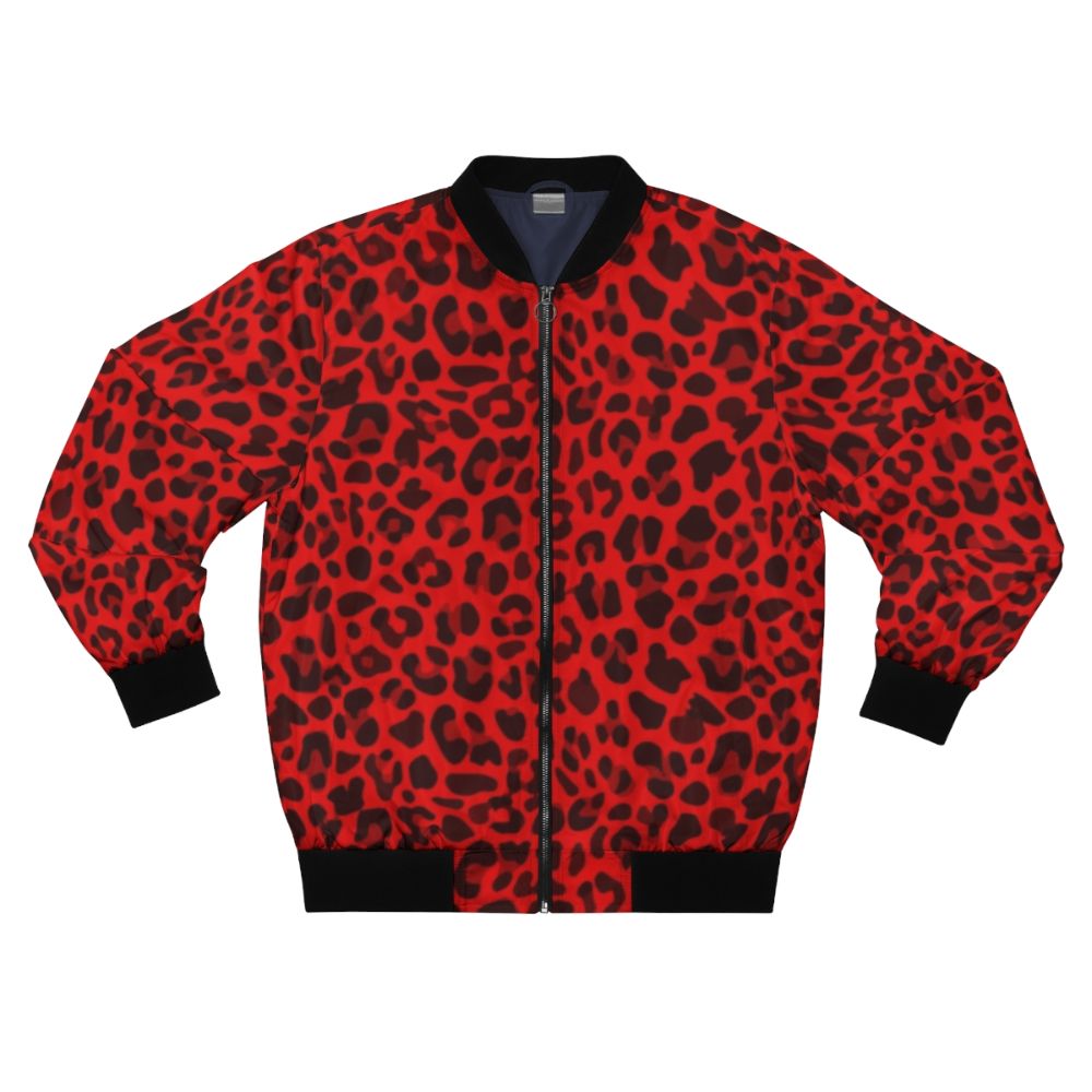 A vibrant red bomber jacket with a bold leopard print design