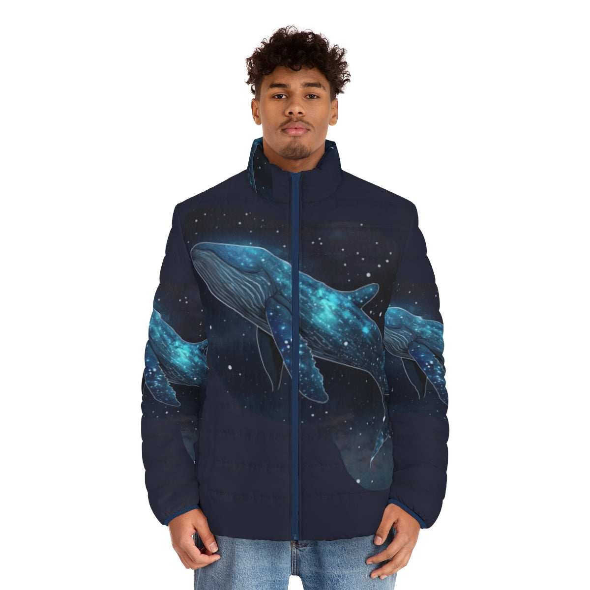 Puffer jacket featuring vibrant designs of legendary oceanic beasts and mythical sea creatures - men front