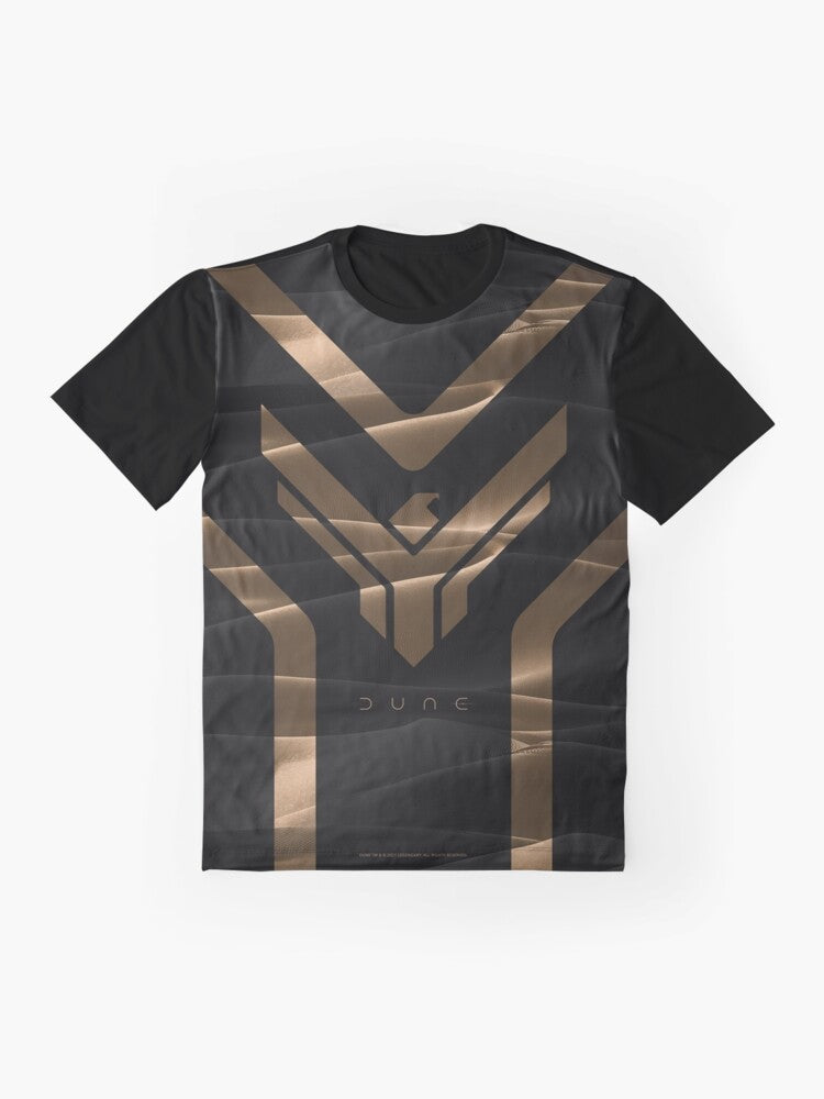 Dune Atreides graphic t-shirt featuring the House Atreides sigil from the Dune science fiction movie. - Flat lay