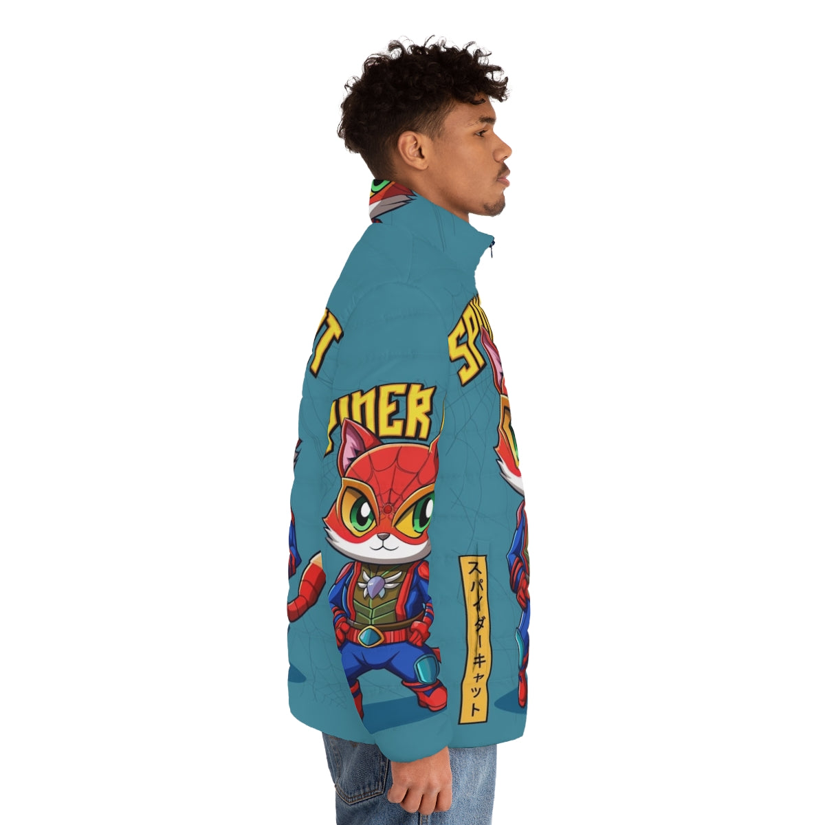 Spider Cat Puffer Jacket featuring a cartoon cat in a superhero-inspired design - men side right