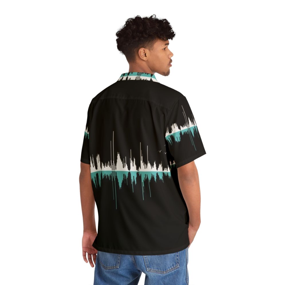 Music city black Hawaiian shirt with soundwave and city landscape graphic - People Back