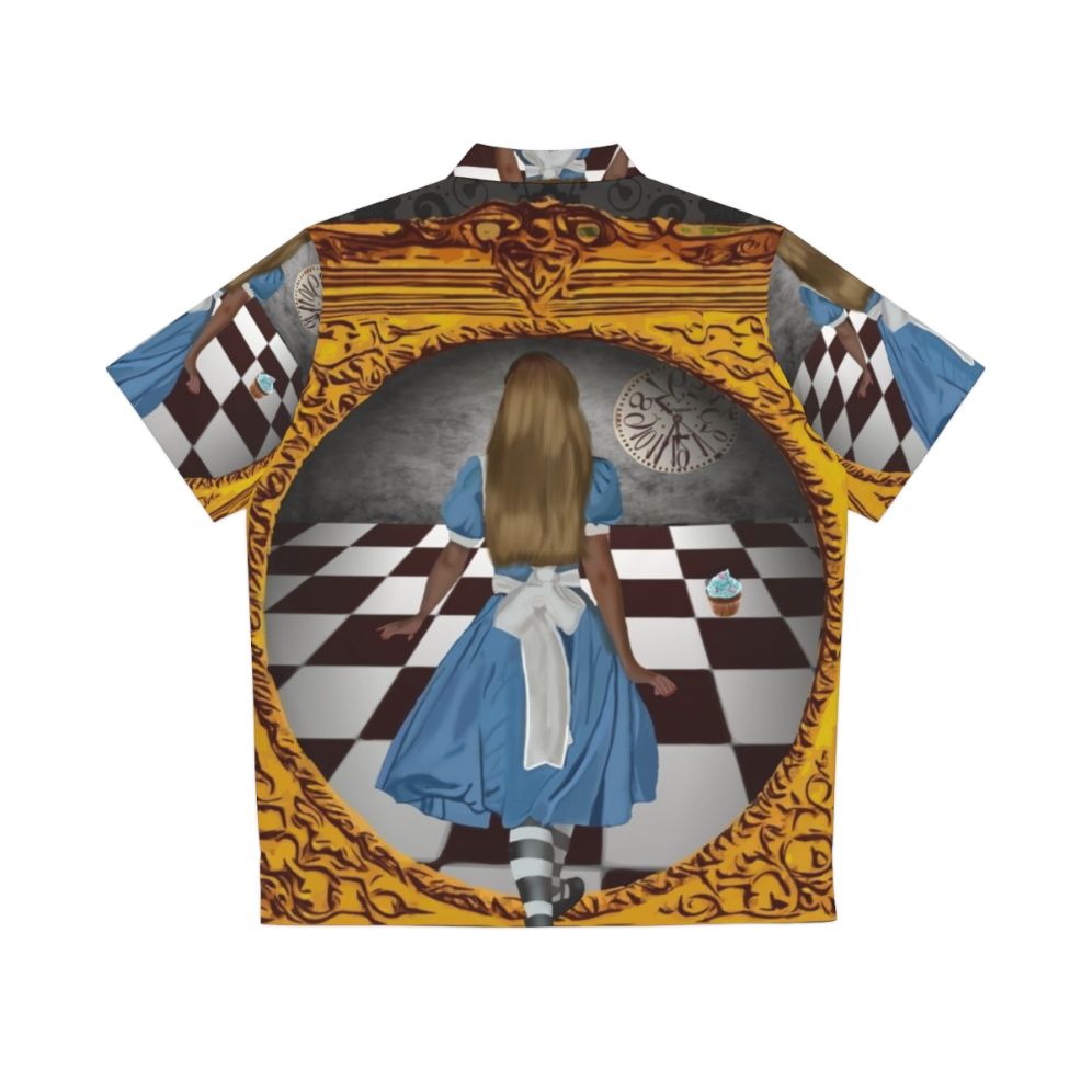 A captivating blue and gold Hawaiian shirt with an Alice in Wonderland inspired design - Back