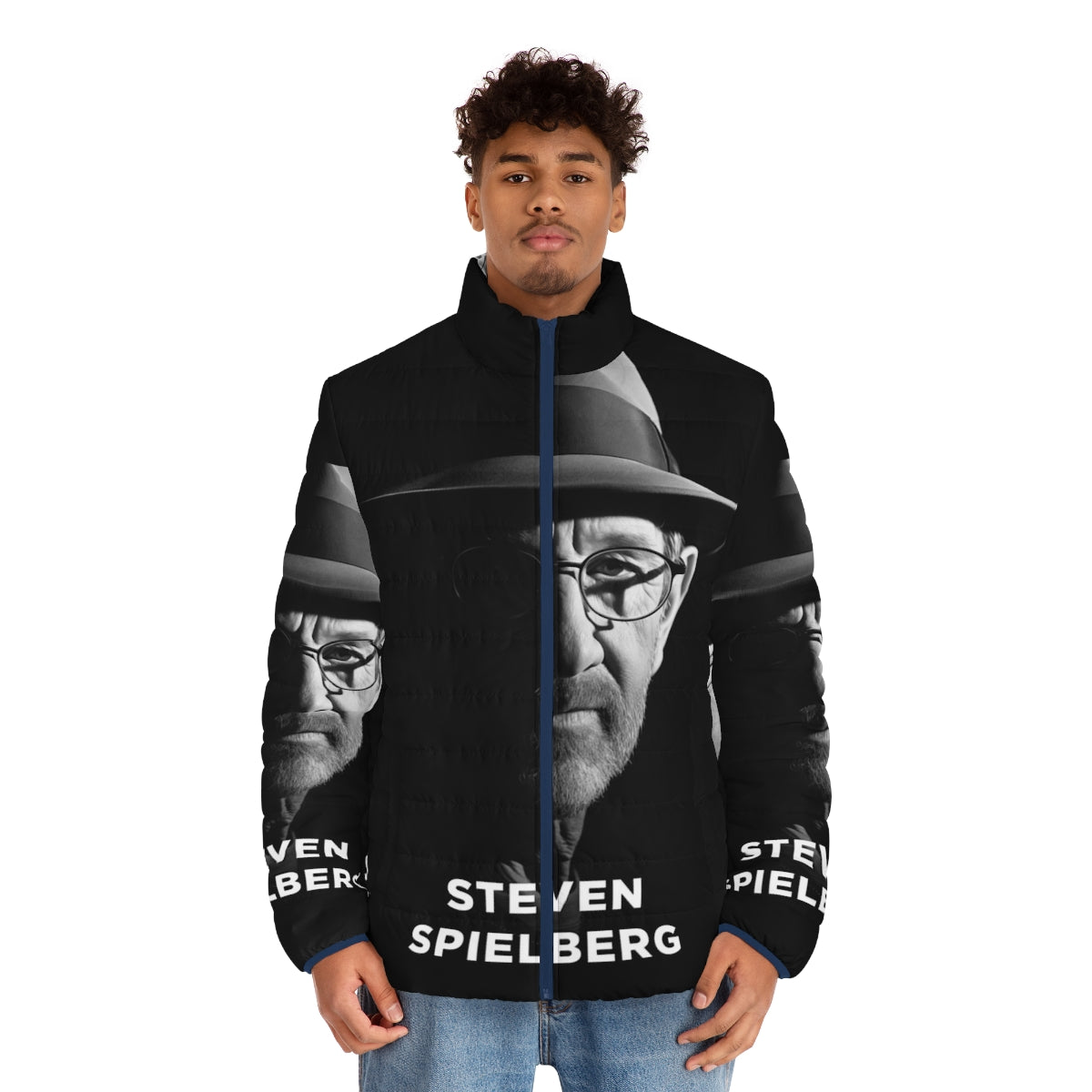 Steven Spielberg Director's Puffer Jacket featuring iconic movie logos and designs - men front