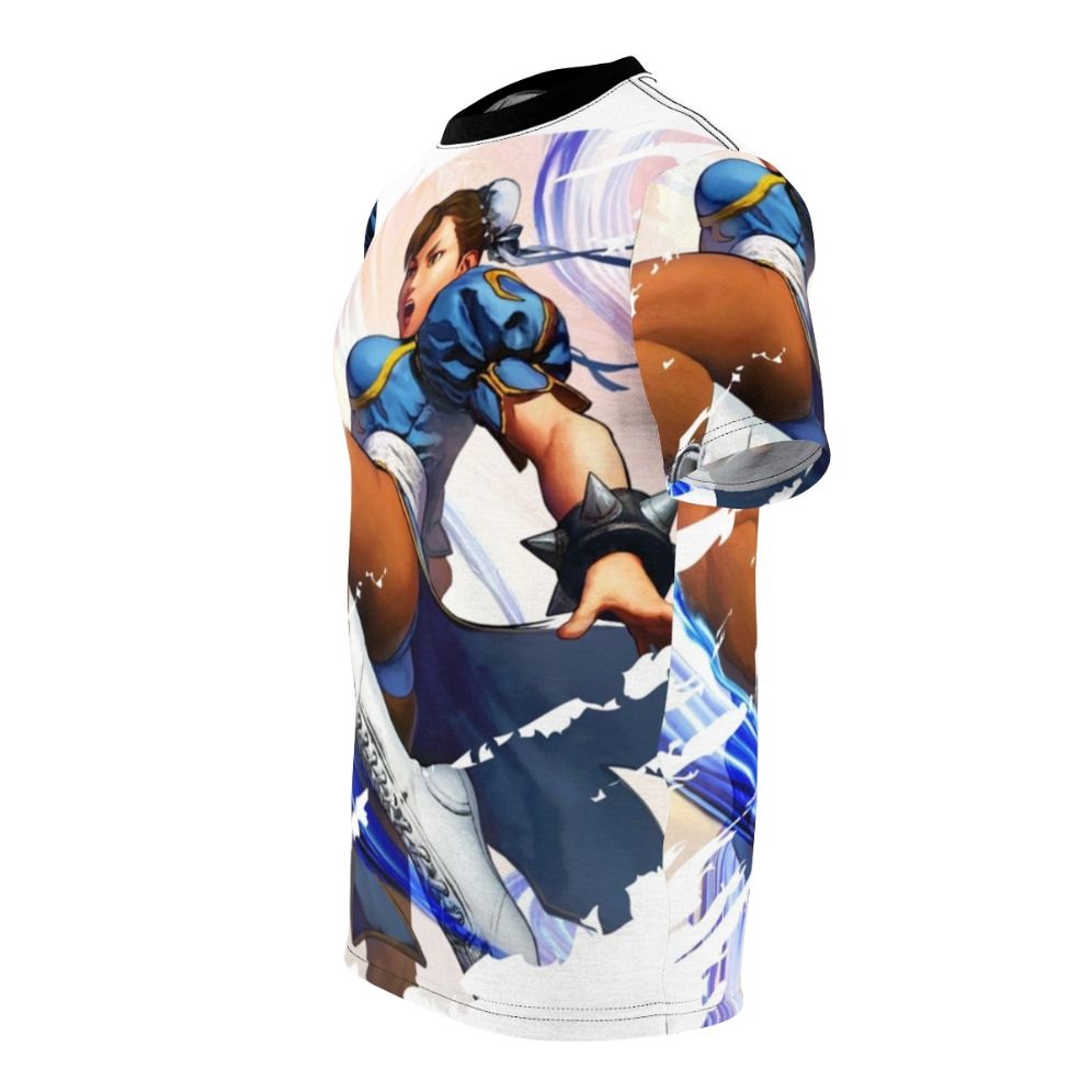 Artwork of the iconic Chun Li character from fighting games on a t-shirt - men left