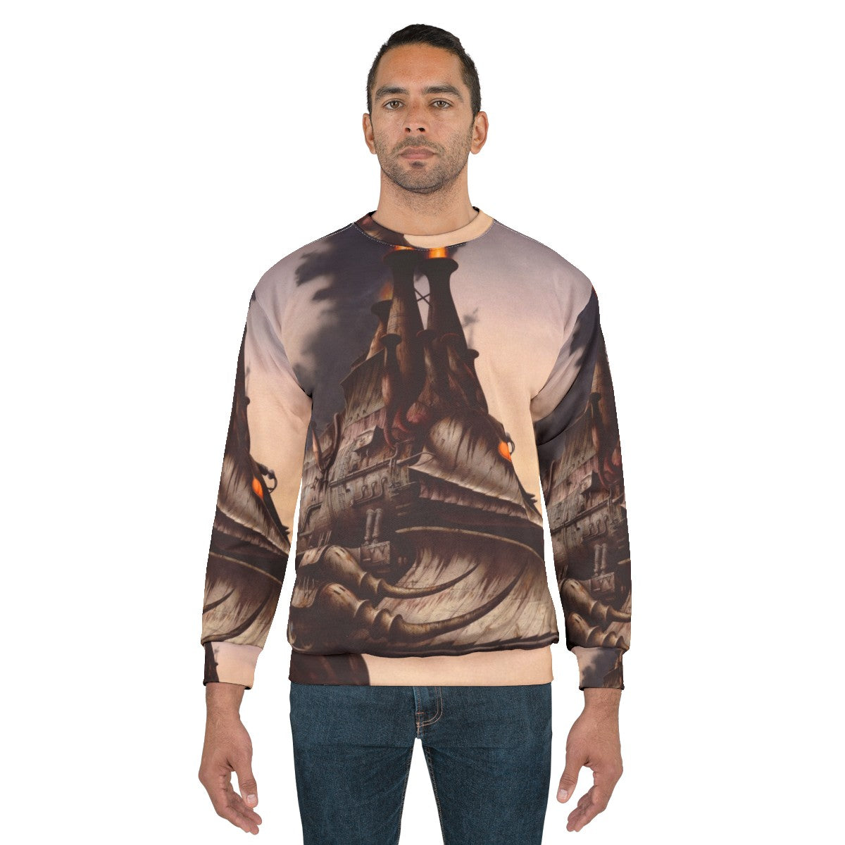 The Heavy Metal Hero Sweatshirt featuring fantasy art, locomotive, and steam punk design - men