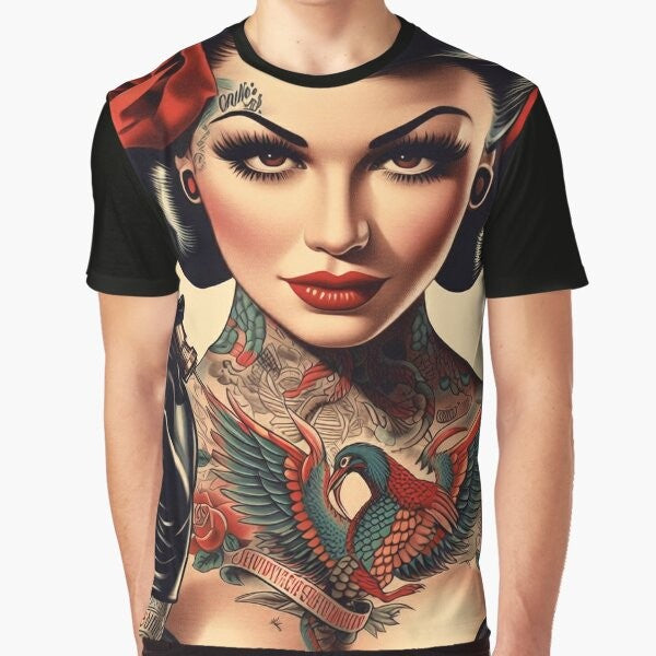 Vintage-style tattoo pin-up graphic design t-shirt