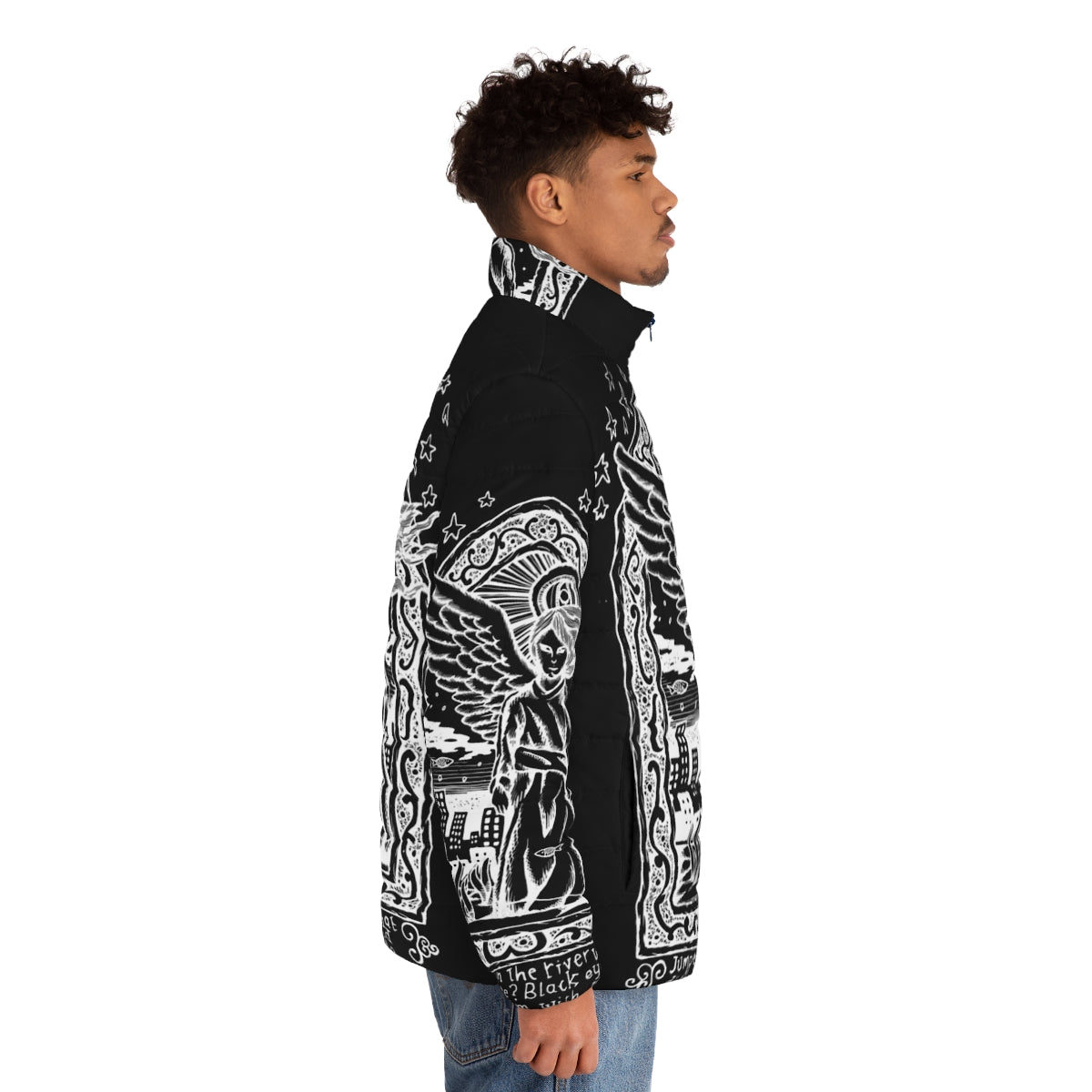 Model wearing a black puffer jacket with an inverted design, inspired by Radiohead's "Amnesiac" album - men side right