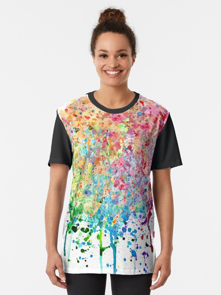 Colorful rainbow paint splatter and drip graphic design on a t-shirt - Women