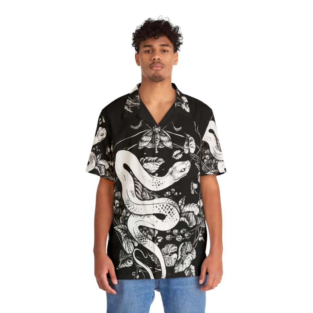 Dark and mysterious black and white Hawaiian shirt with nature inspired graphic illustration - People Front