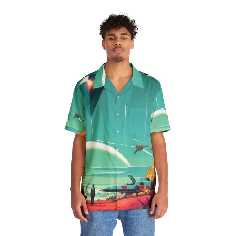 No Man's Sky Horizon Hawaiian Shirt featuring a space-themed design - People Front