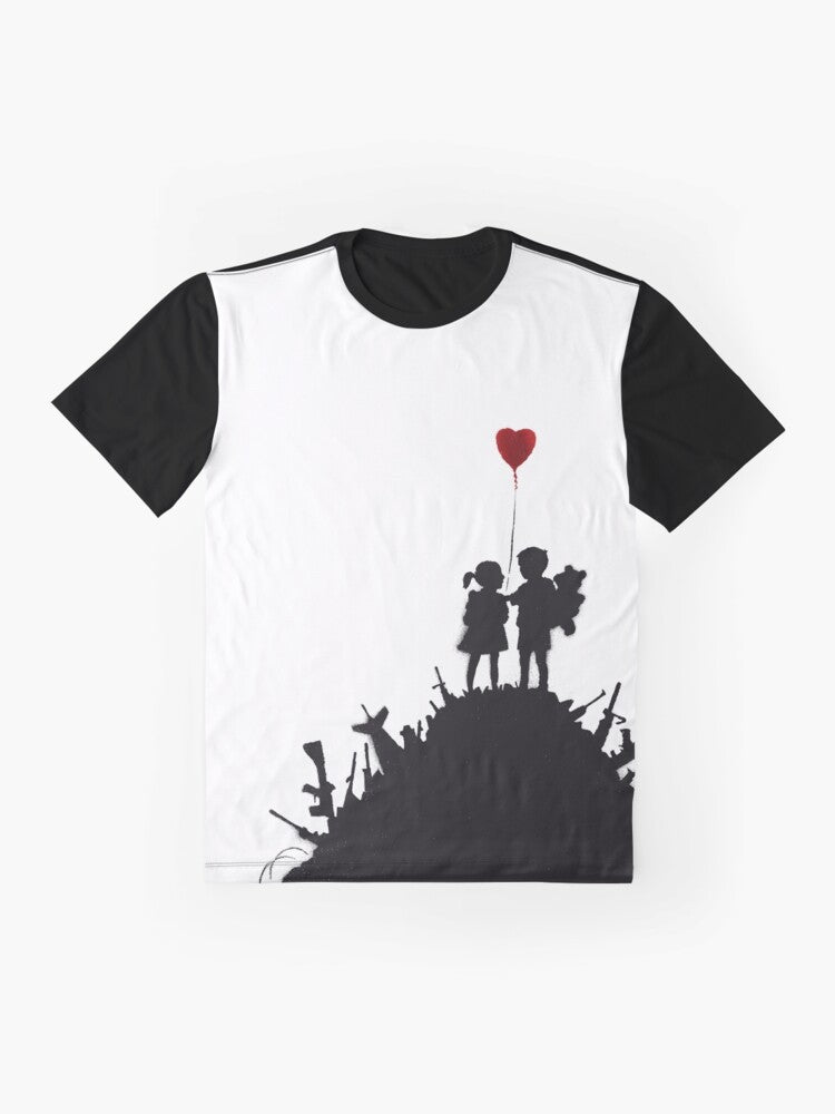 Banksy inspired graffiti artwork featuring a boy and girl holding a heart-shaped balloon on a pile of weapons. - Flat lay