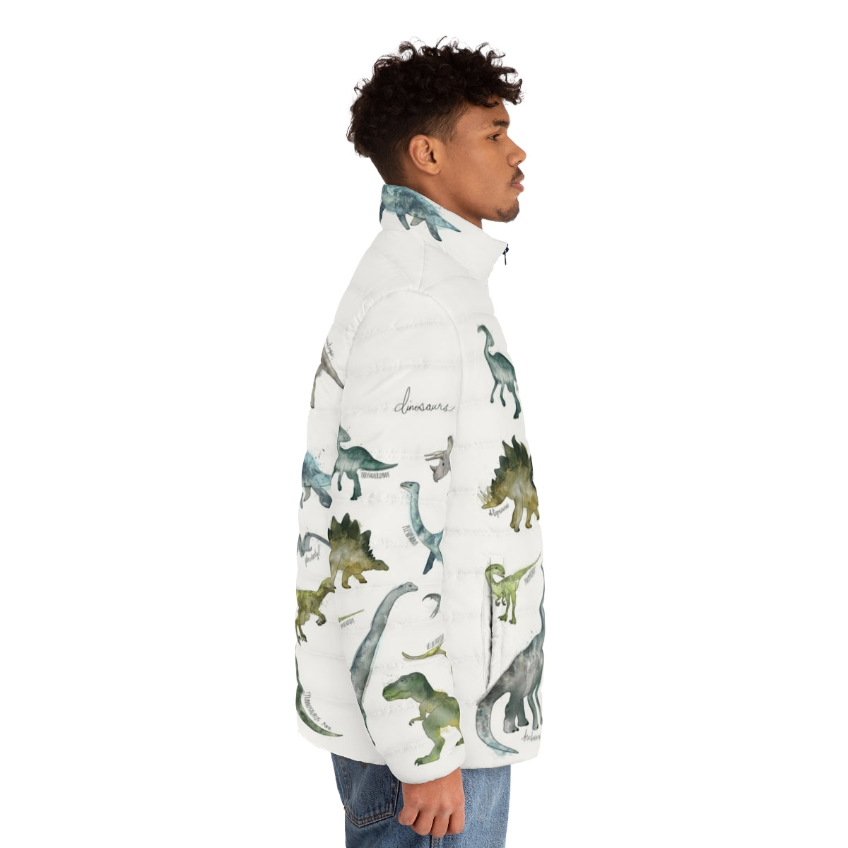 Dinosaur-printed puffer jacket with educational design - men side right