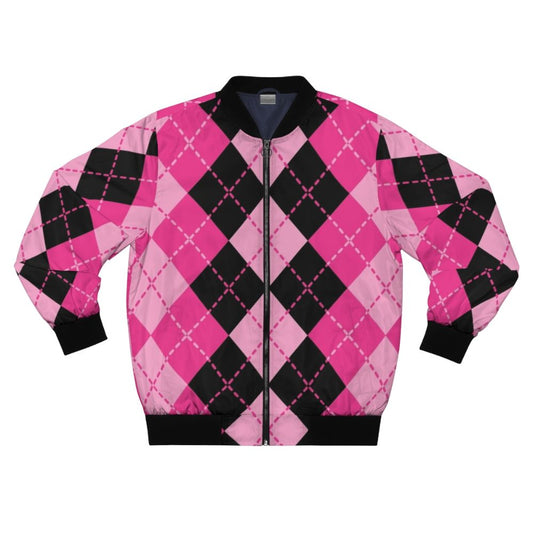 A pink bomber jacket featuring an argyle pattern design in a classic, retro-inspired style.