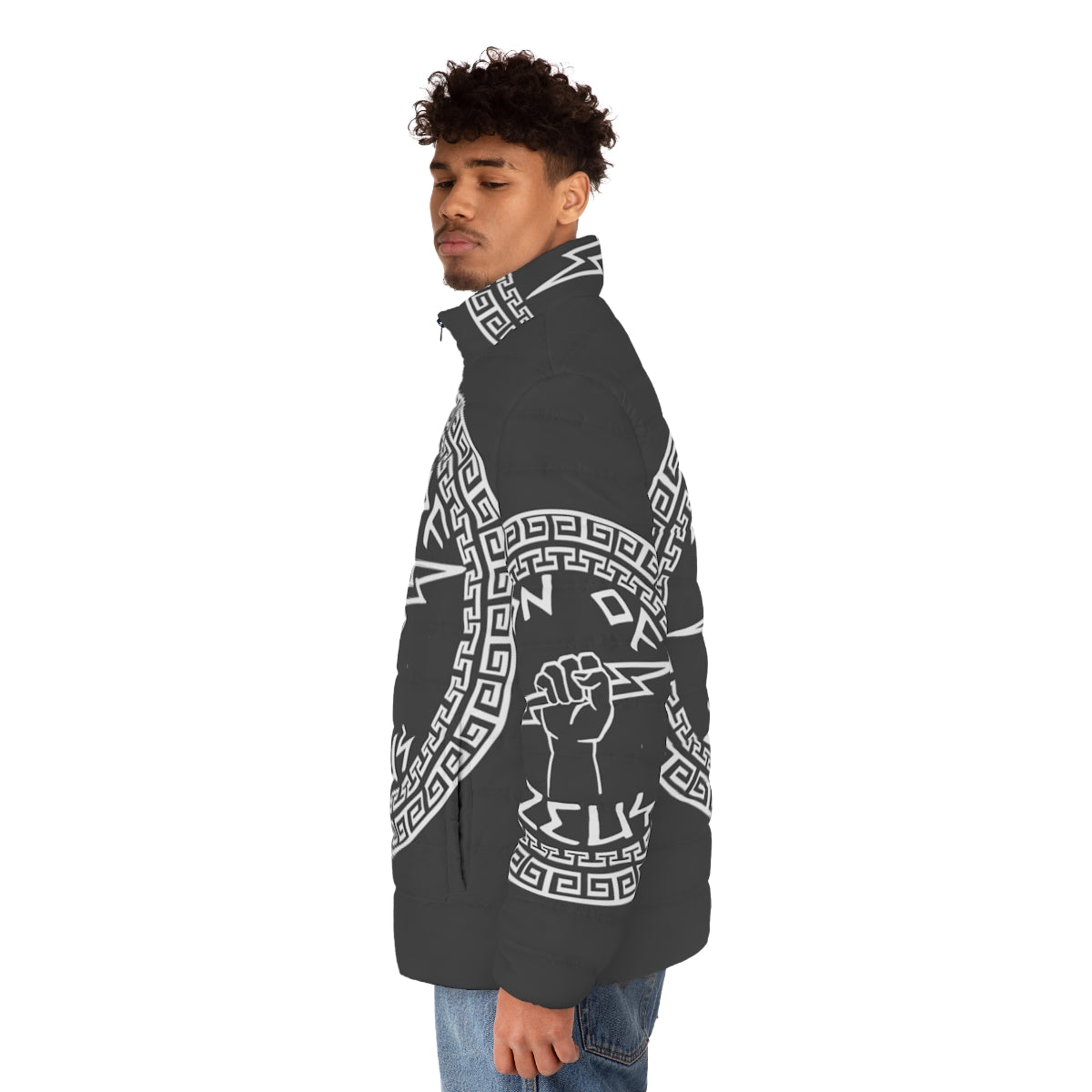 Son of Zeus Puffer Jacket featuring Greek mythology inspired design - men side left