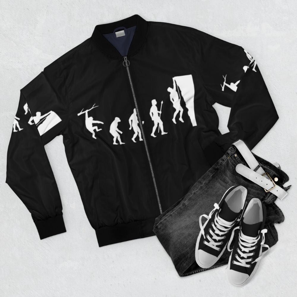 Funny rock climbing evolution bomber jacket with graphic design - Flat lay