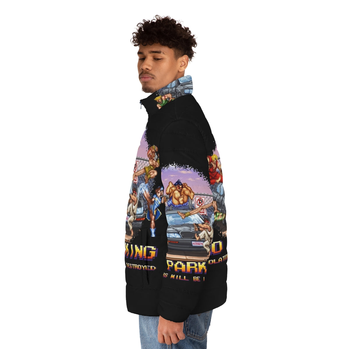 Retro 8-bit pixel art puffer jacket with "No Parking Violators Will Be Destroyed" text - men side left