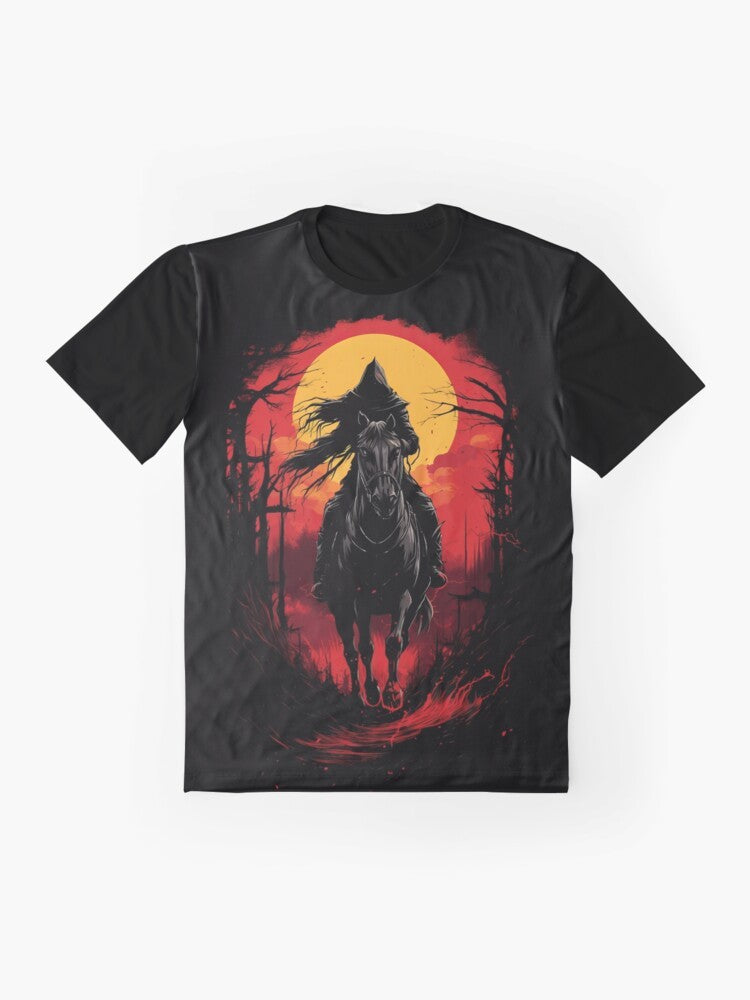 Spooky horseman graphic t-shirt with a dark, Halloween-themed design - Flat lay