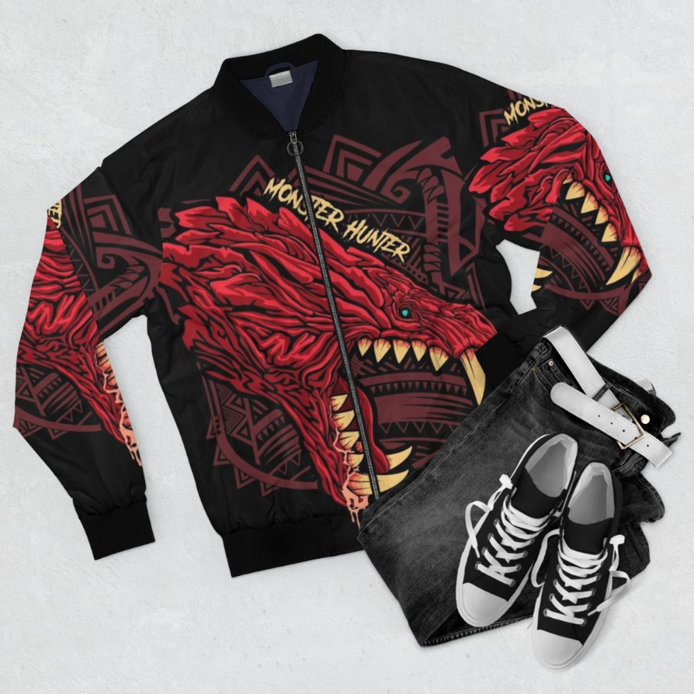 Monster Hunter inspired bomber jacket featuring the Odogaron monster design - Flat lay