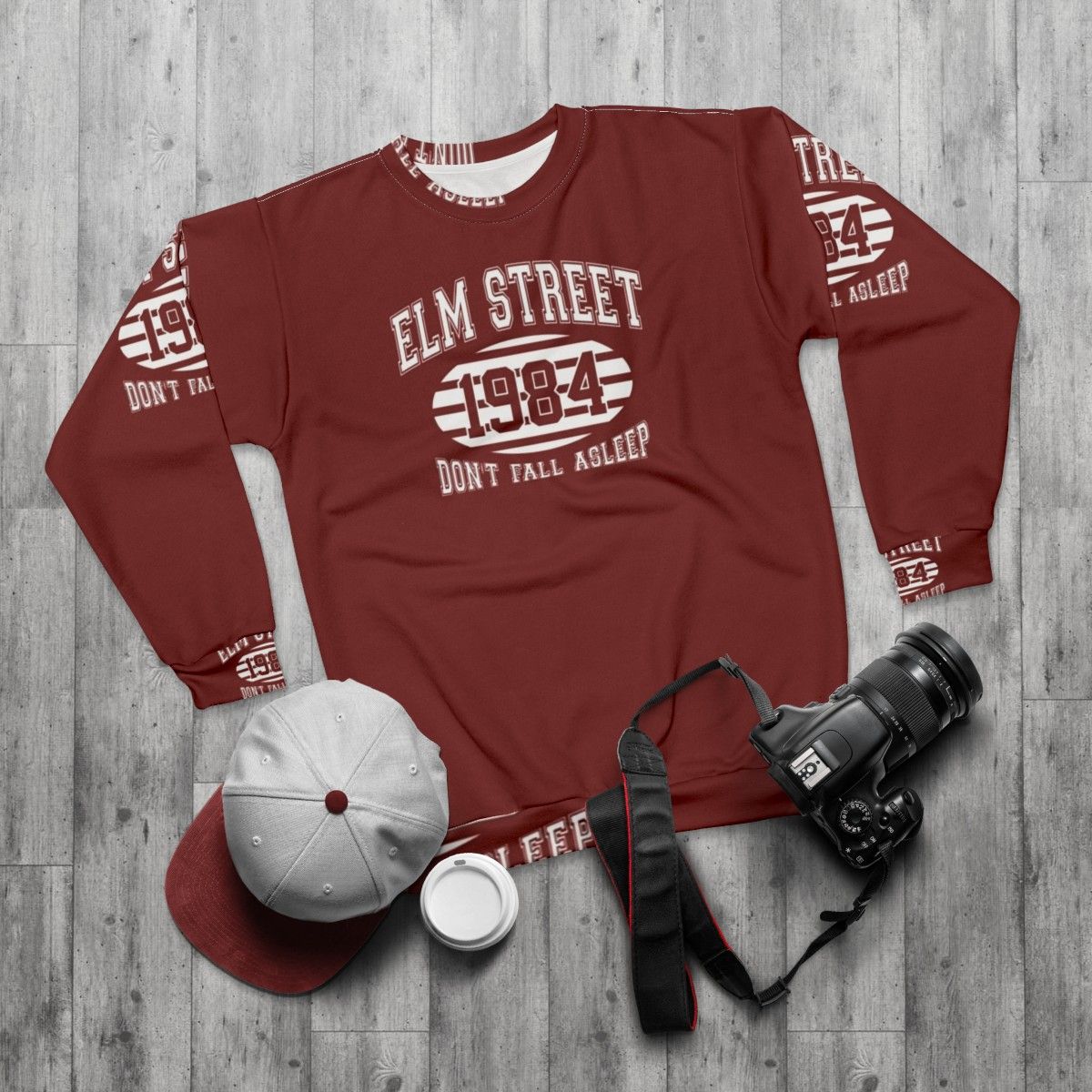 Elm Street College Sweatshirt with Freddy Krueger and Nightmare on Elm Street design - flat lay