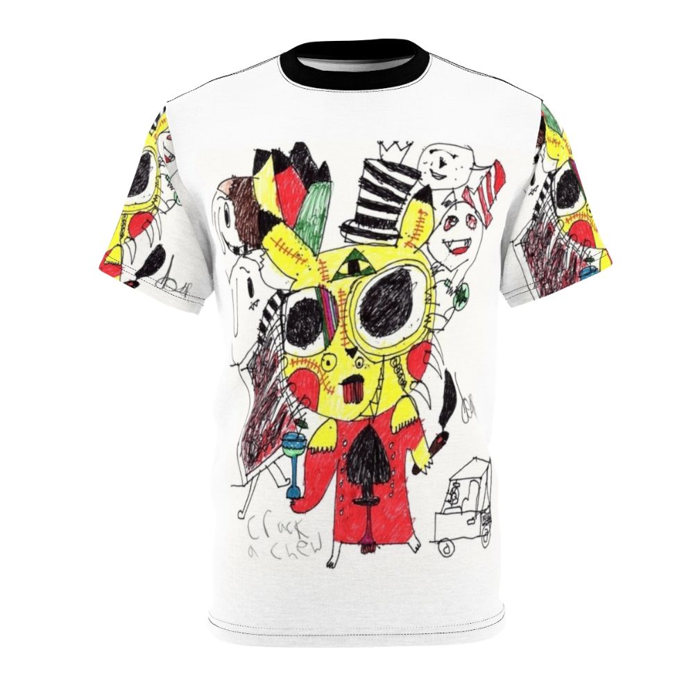 Vibrant psychedelic abstract t-shirt design with quirky, morphing elements