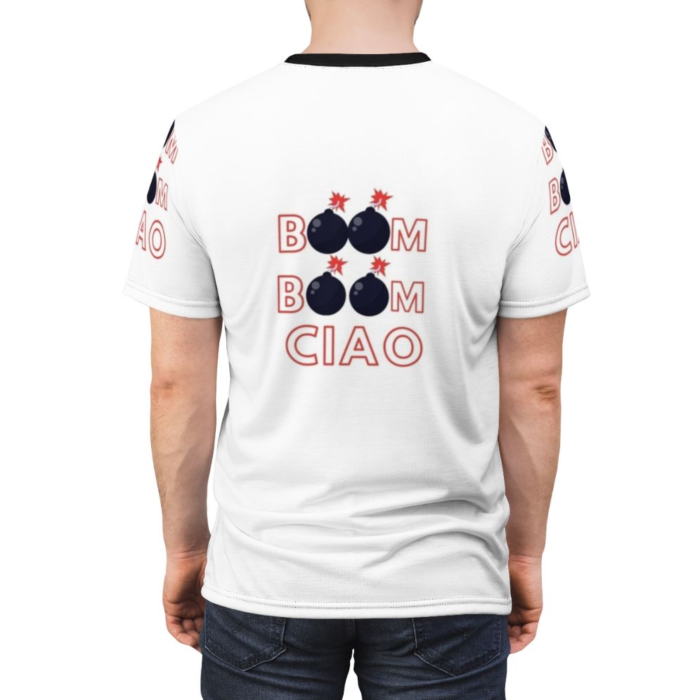 Money Heist inspired t-shirt with "Boom Boom Ciao" text - men back