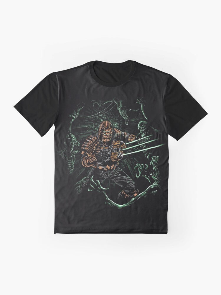 A graphic t-shirt featuring a design inspired by the horror video game Dead Space, with necromorphs and cosmic horror elements. - Flat lay