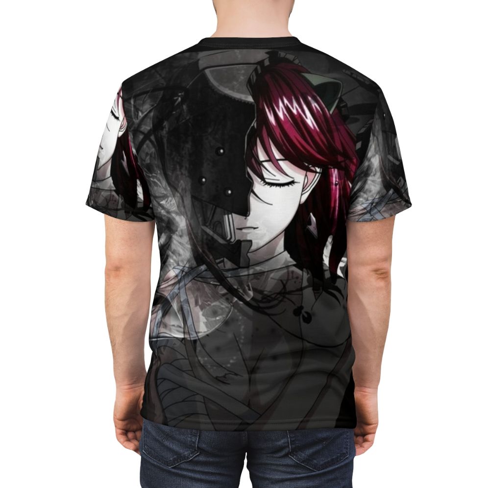 Elfen Lied inspired anime t-shirt featuring a kawaii anime girl character in a horror-themed graphic design - men back