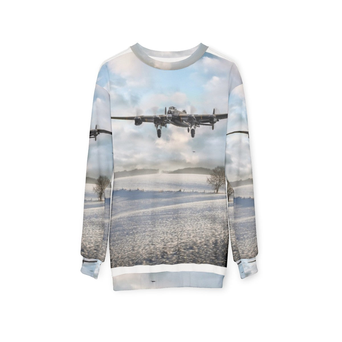 Avro Lancaster bomber in snowy landscape on winter sweatshirt - hanging