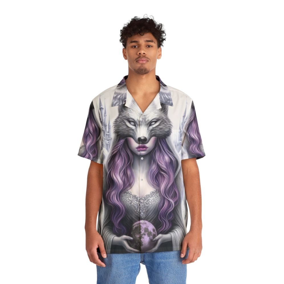 "Castle in the Sky" Hawaiian Shirt featuring a whimsical fantasy landscape with wolves, snow, and a castle - People Front