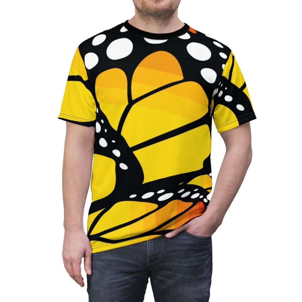 Vibrant orange monarch butterfly design on a high-quality t-shirt - men front