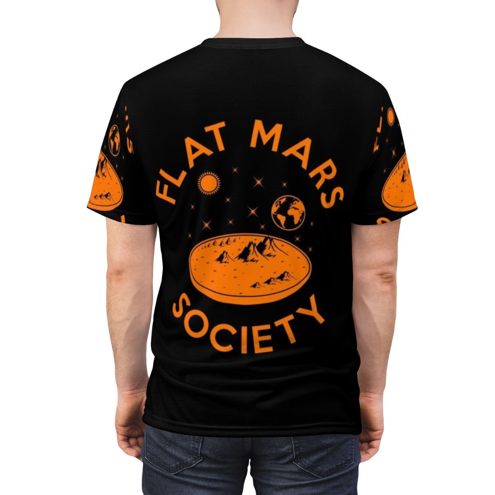 Flat Mars Society T-shirt featuring space, planets, and astronauts - men back