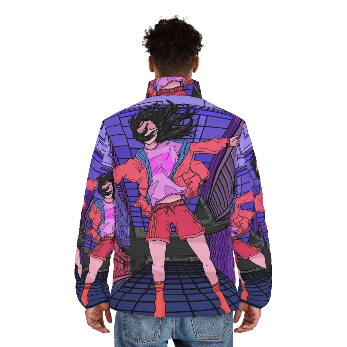 "Let Me Go" Puffer Jacket, cozy winter fashion with a vaporwave aesthetic - men back