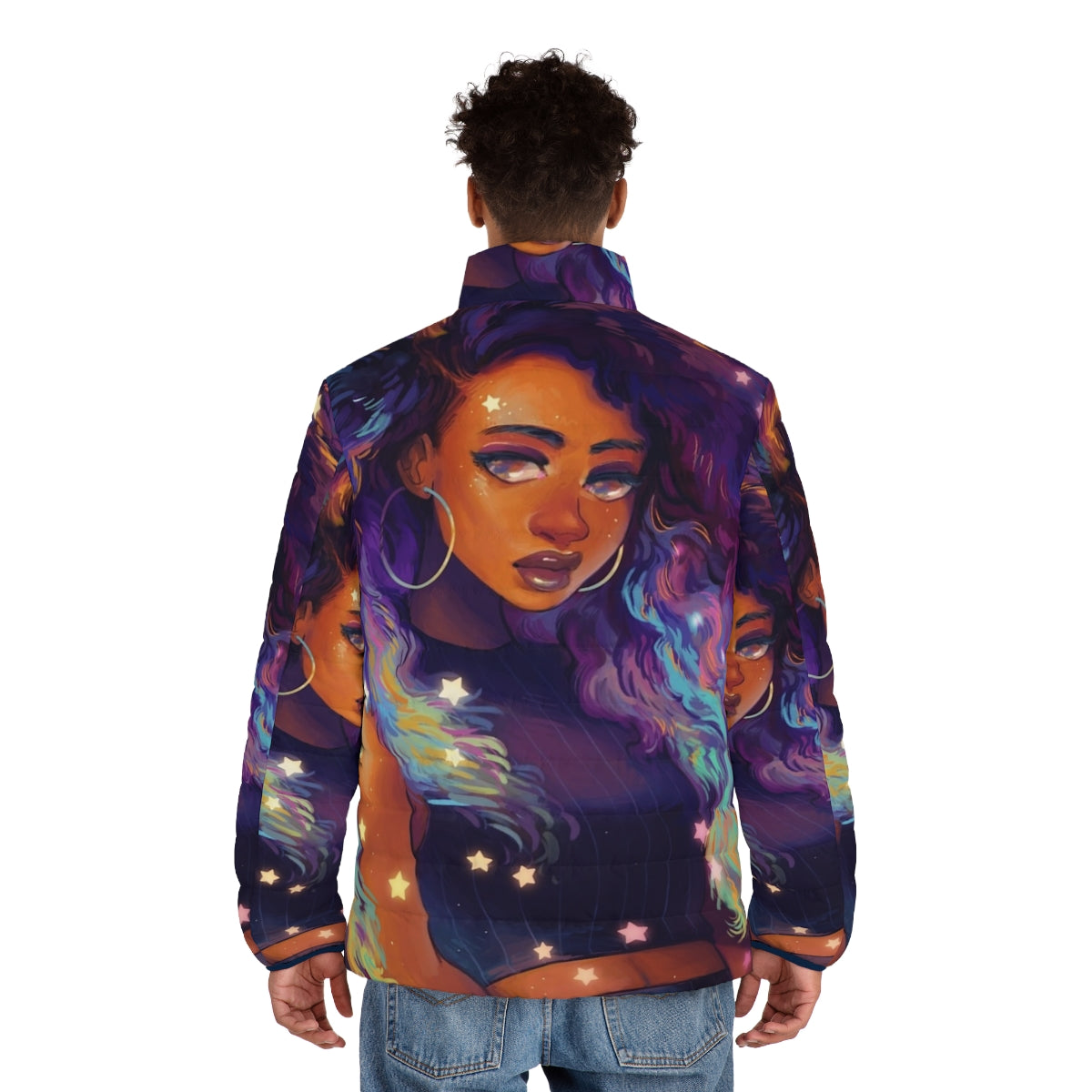 A black puffer jacket with a nebula and galaxy design, perfect for exploring the cosmos. - men back