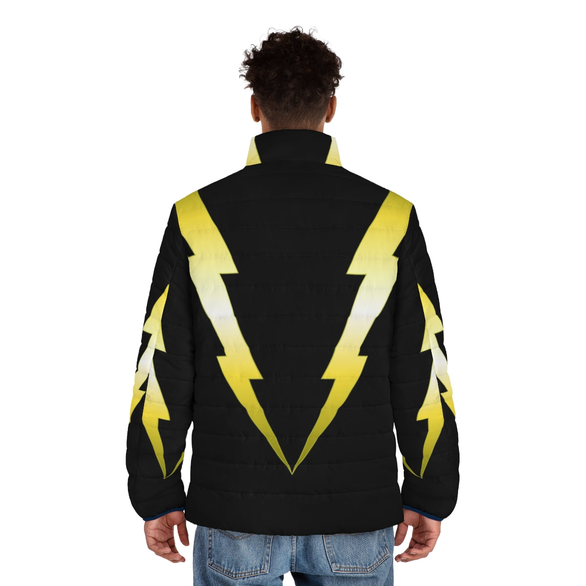 Stylish V Lightning Puffer Jacket with electric and comic book inspired design - men back