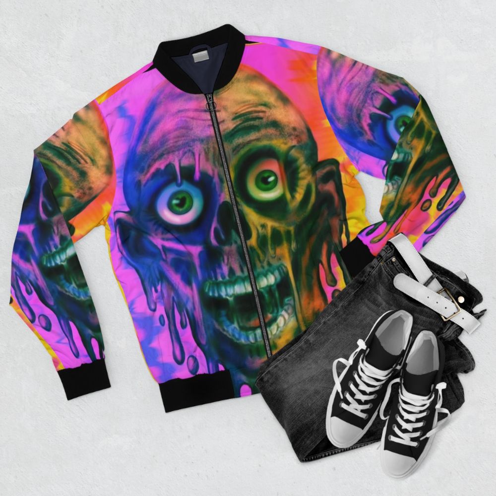 Tar Man Horror Zombie Bomber Jacket - Flat lay