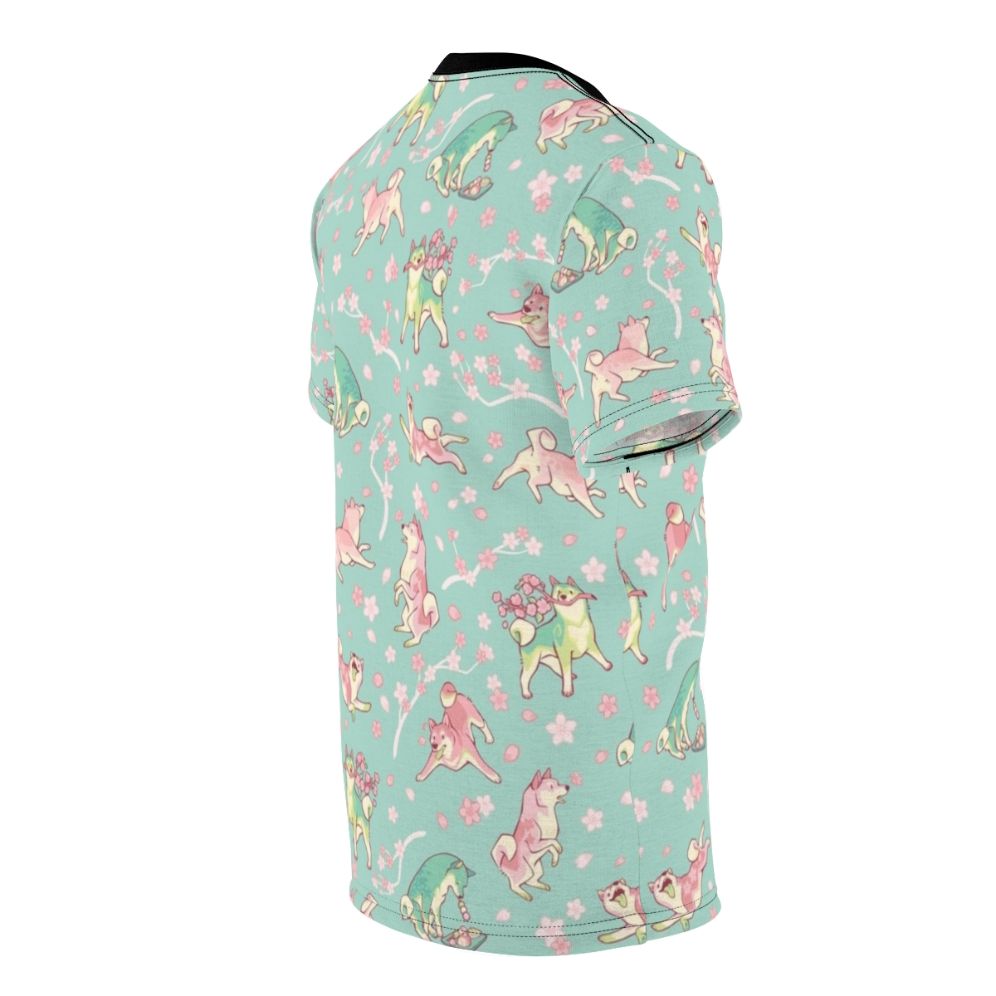 Shiba inu-inspired t-shirt with a sakura and matcha-themed floral pattern in mint green - men right