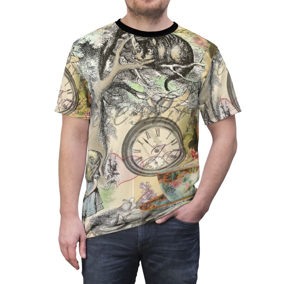 Whimsical Cheshire Cat Inspired T-Shirt with Vintage Alice in Wonderland Artwork - men front