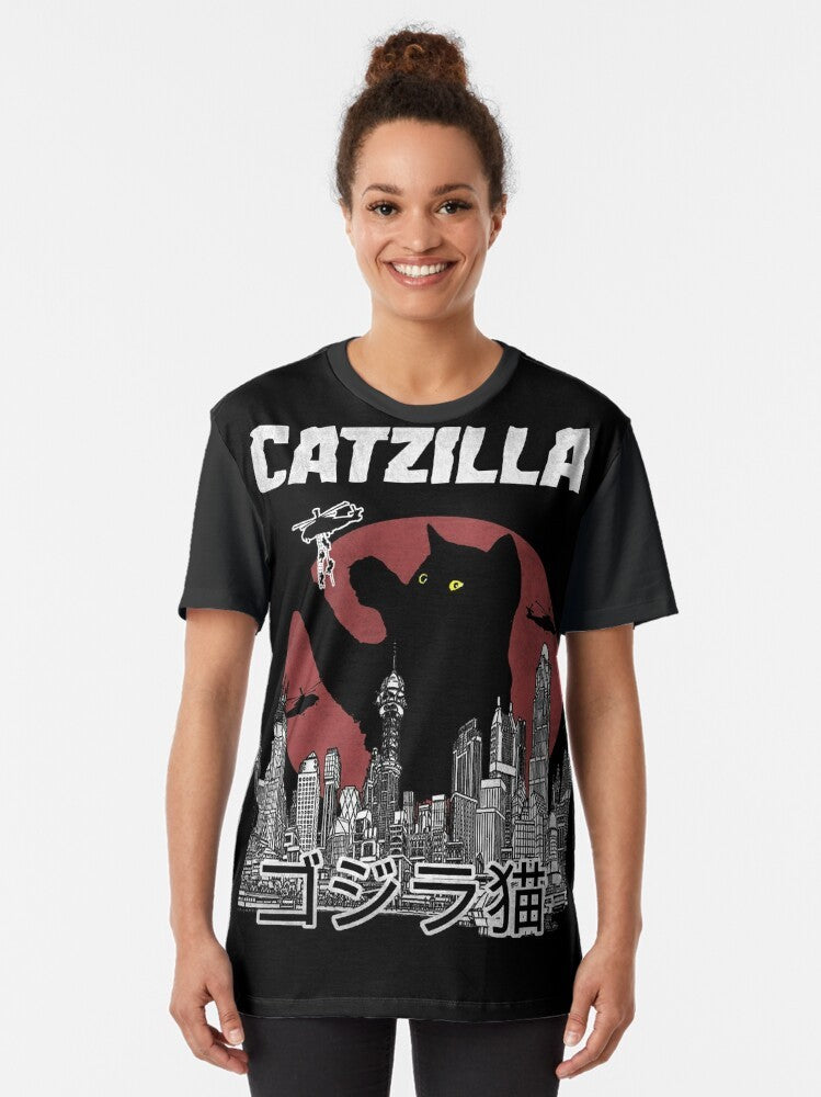 Catzilla, the cat version of Godzilla, on a vintage-style graphic t-shirt - Women