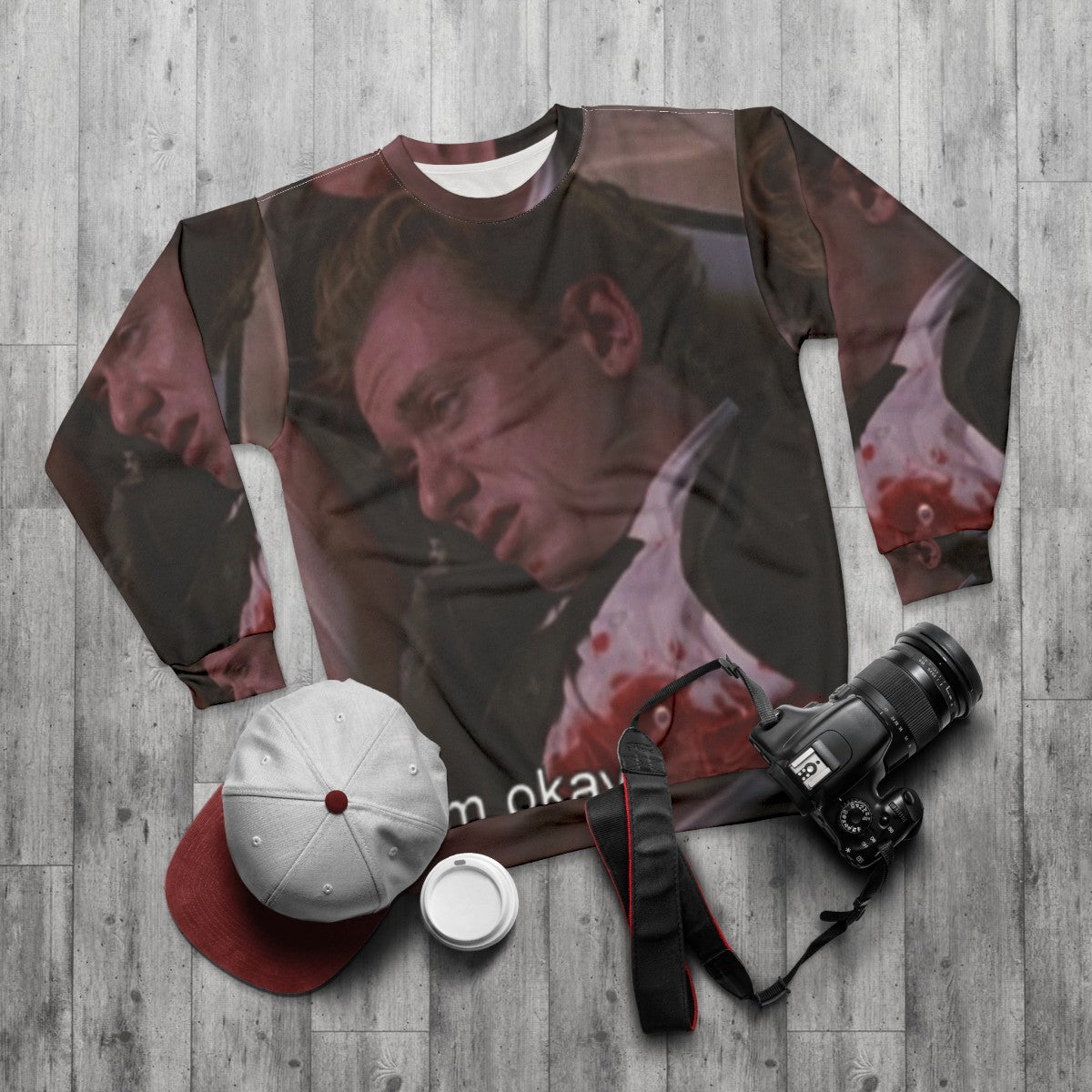 Reservoir Dogs movie quote sweatshirt with Quentin Tarantino, Tim Roth, and relatable meme design - flat lay