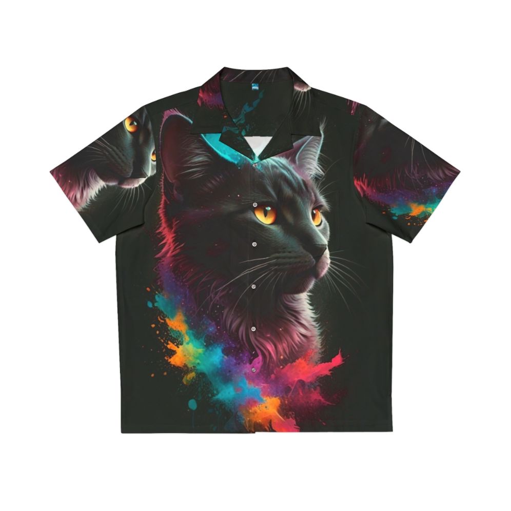 Colorful Hawaiian shirt with a playful cat print design