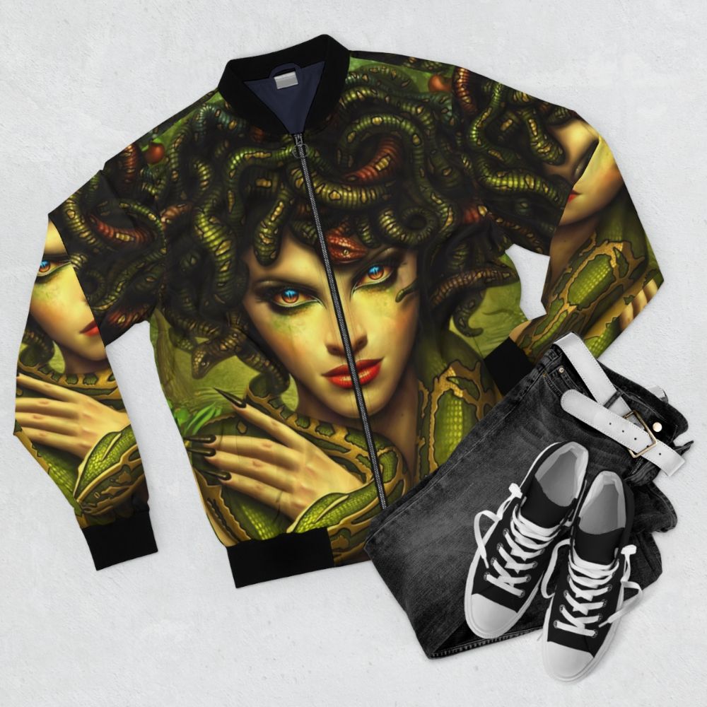 Enchanting Medusa Bomber Jacket with Mythical Greek Gorgon Design - Flat lay