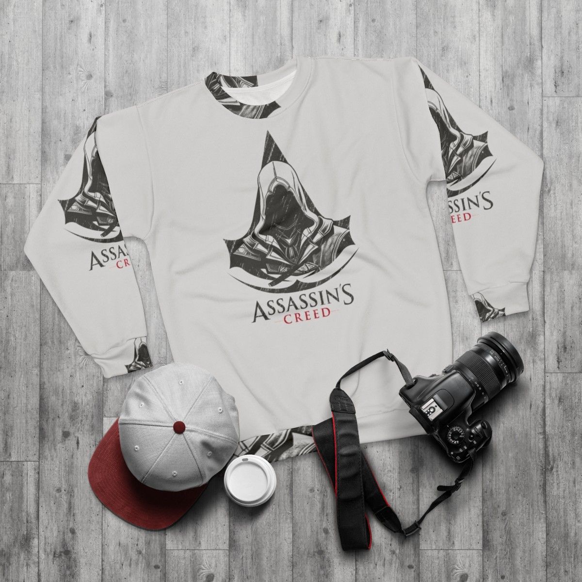 Assassin's Creed character design printed on a cozy sweatshirt - flat lay