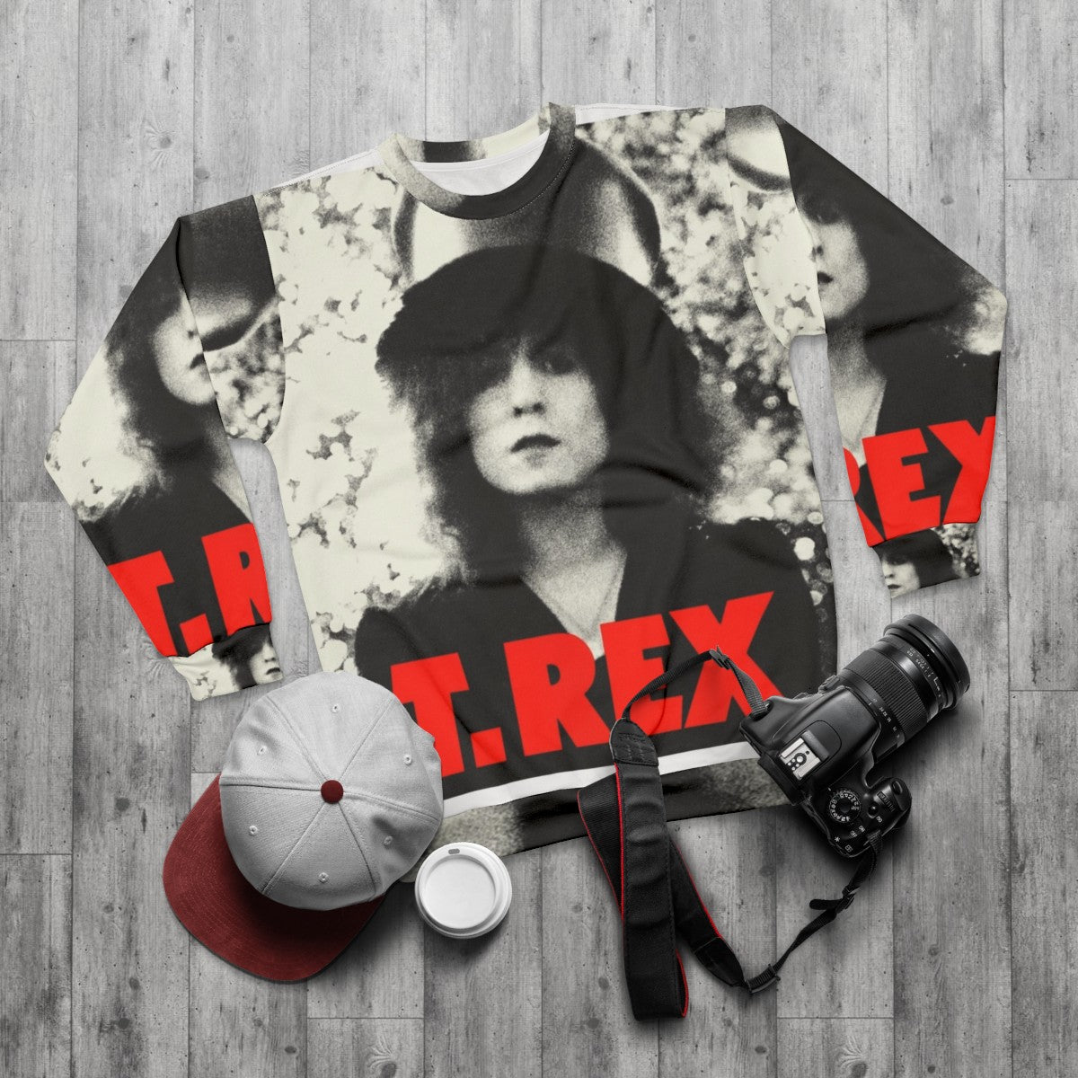 Retro T Rex Sweatshirt featuring the iconic glam rock style of Marc Bolan and T Rex - flat lay