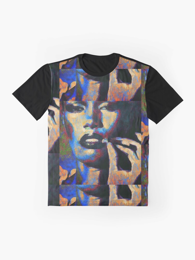 Grace Jones inspired graphic t-shirt featuring a street art-style illustration of the iconic musician - Flat lay