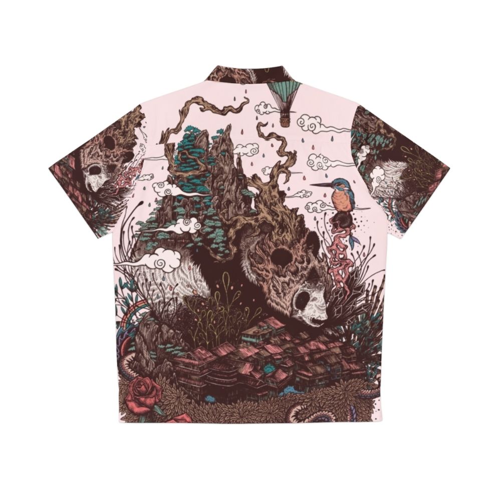 Colorful "Land Of The Sleeping Giant" Hawaiian shirt featuring a panda bear, mountains, and nature elements - Back