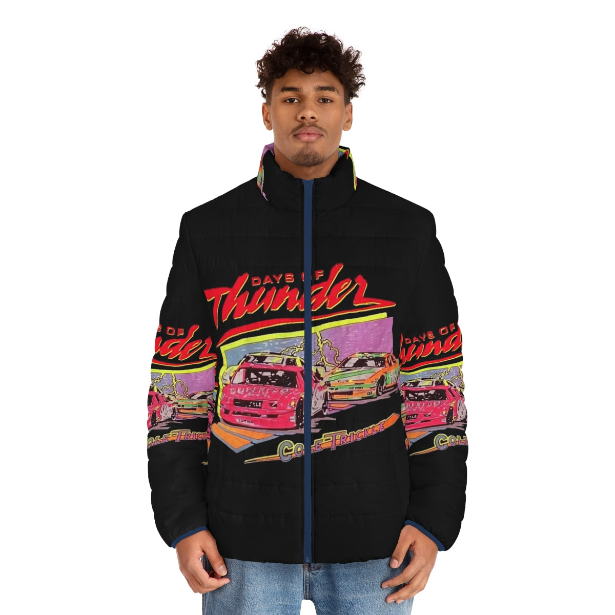 Vintage "Days of Thunder" puffer jacket featuring Tom Cruise's character from the classic NASCAR film - men front