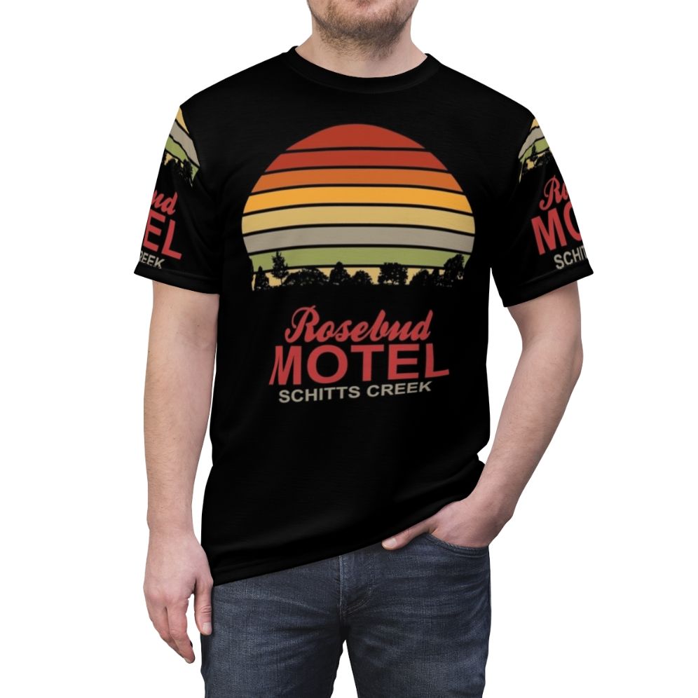 Rosebud Motel sunset landscape design AOP t-shirt - men front